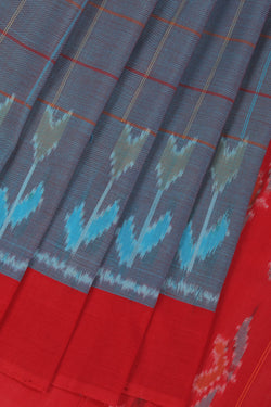 Image of Stone blue checkered pattern Pochampally cotton ikat Saree