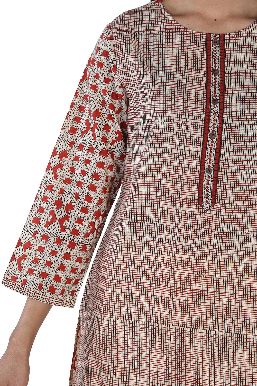 Collection of Beige and red hand block printed cotton kurti in a gallery layout