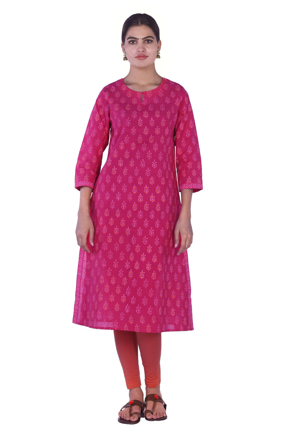 Collection of Mangalgiri fuchsia pink hand block printed cotton kurti in a gallery layout