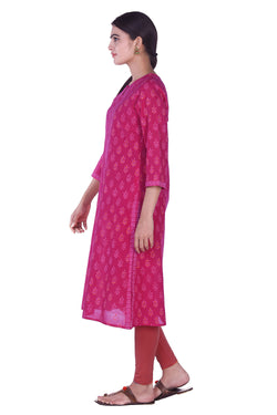 Collection of Mangalgiri fuchsia pink hand block printed cotton kurti in a gallery layout