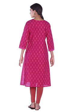 Collection of Mangalgiri fuchsia pink hand block printed cotton kurti in a gallery layout