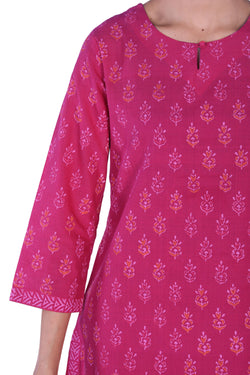 Collection of Mangalgiri fuchsia pink hand block printed cotton kurti in a gallery layout