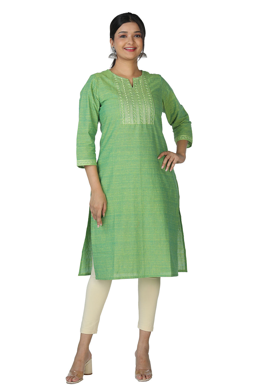 Collection of Pistachio green woven cotton kurti. in a gallery layout