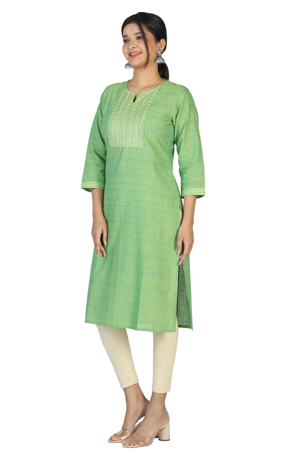 Collection of Pistachio green woven cotton kurti. in a gallery layout