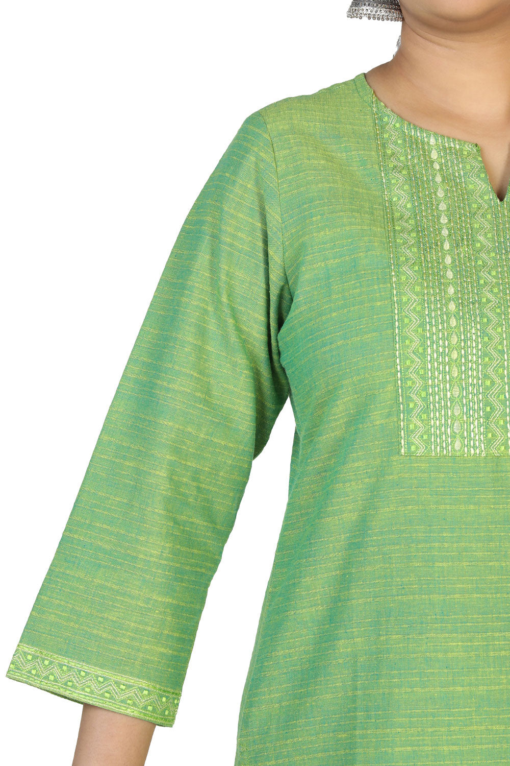 Collection of Pistachio green woven cotton kurti. in a gallery layout