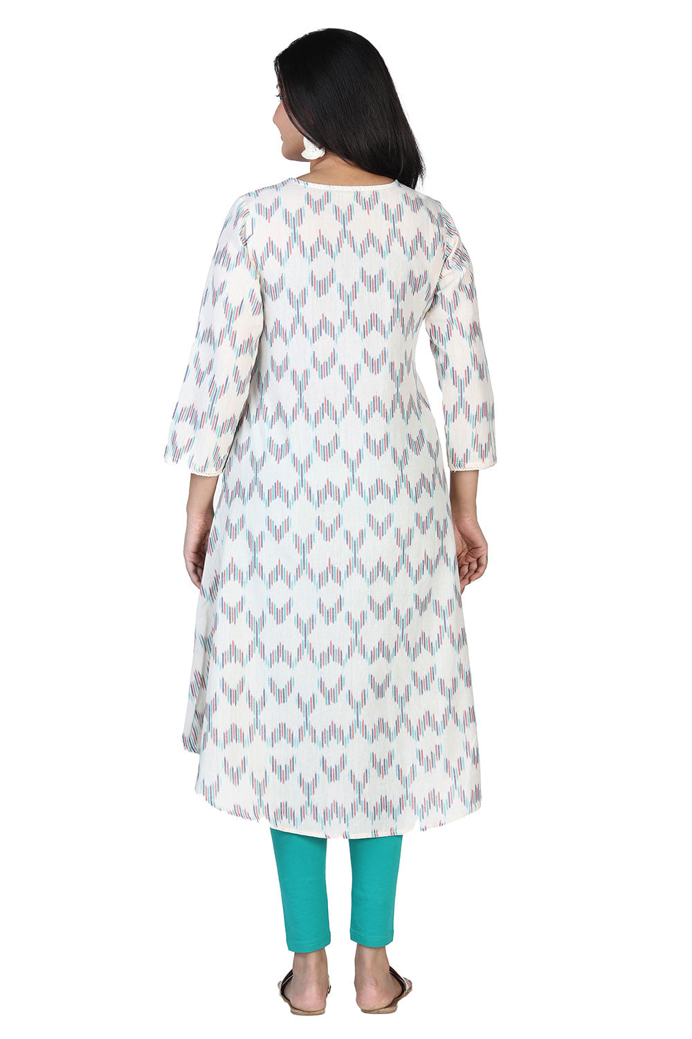 Collection of Offwhite flared cotton ikkat kurti in a gallery layout