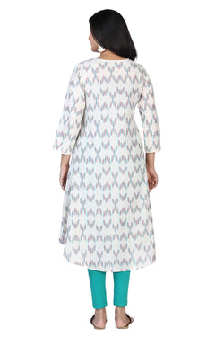 Collection of Offwhite flared cotton ikkat kurti in a gallery layout