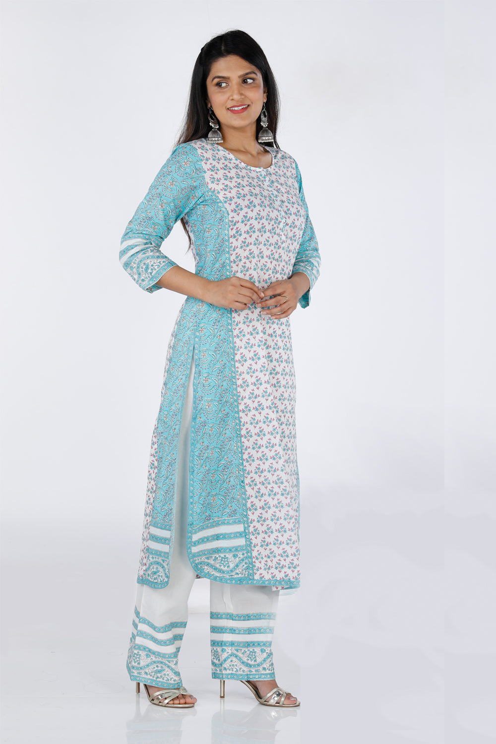 Collection of Hand block printed cotton paneled Kurti with pants in a gallery layout