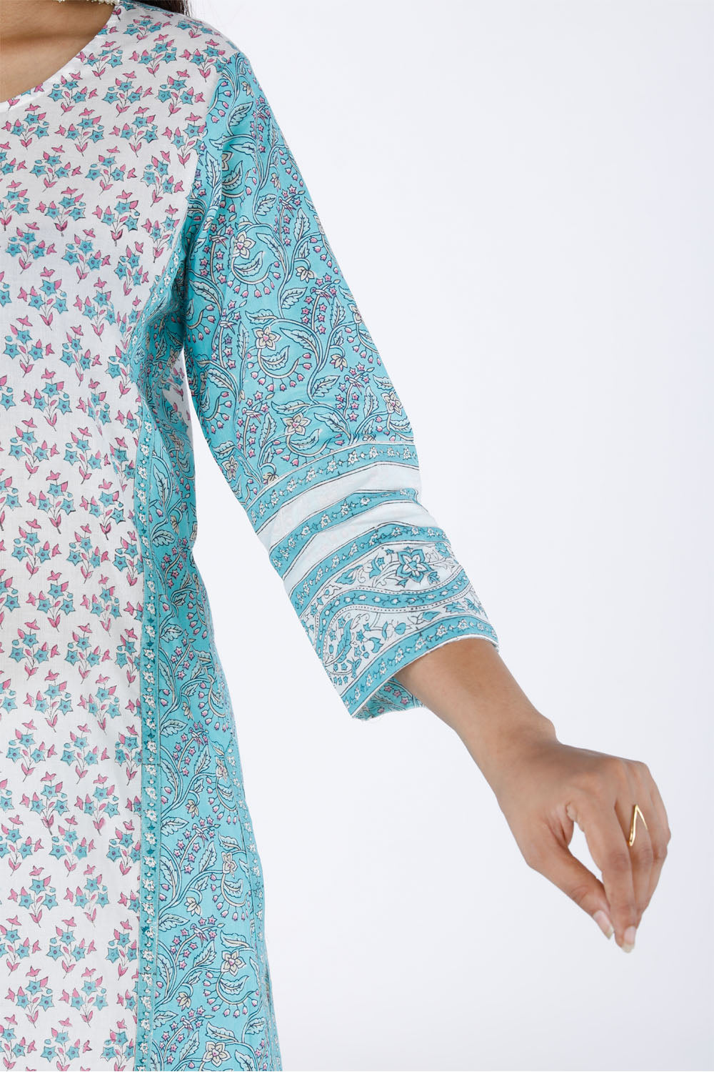 Collection of Hand block printed cotton paneled Kurti with pants in a gallery layout