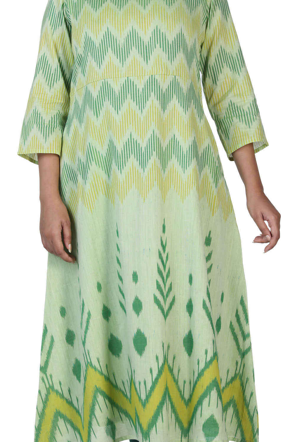 Collection of Sap green mercerized handwoven cotton Ikat long kurti in a gallery layout