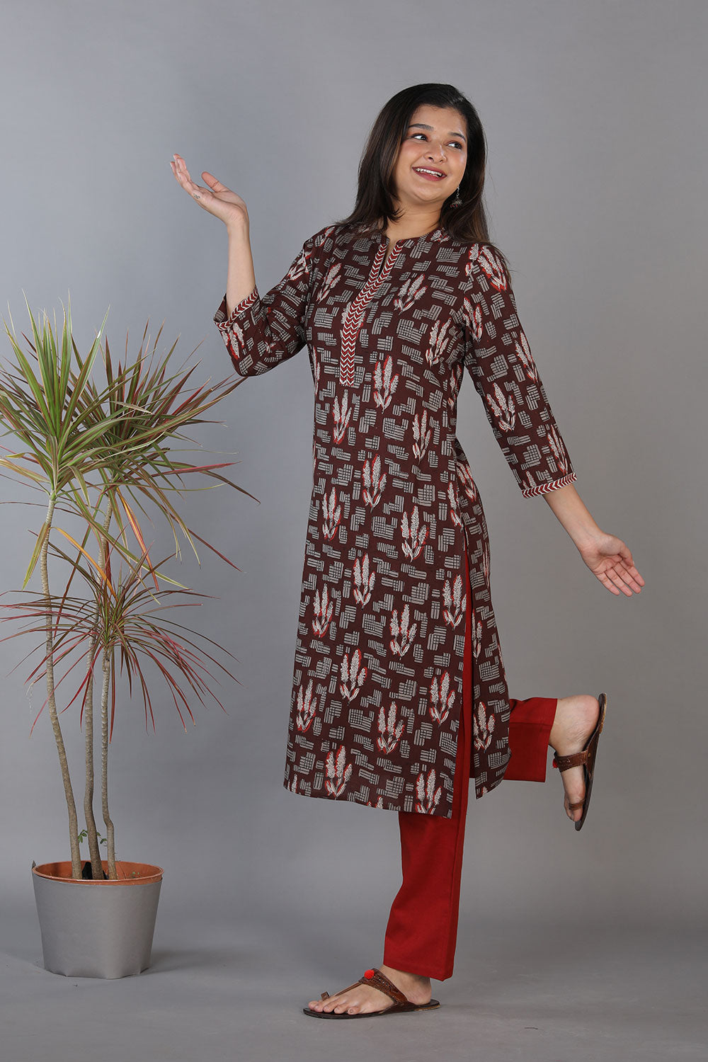 Coffee brown hand block printed cotton straight fit kurti.