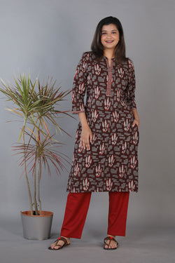 Image of Coffee brown hand block printed cotton straight fit kurti.