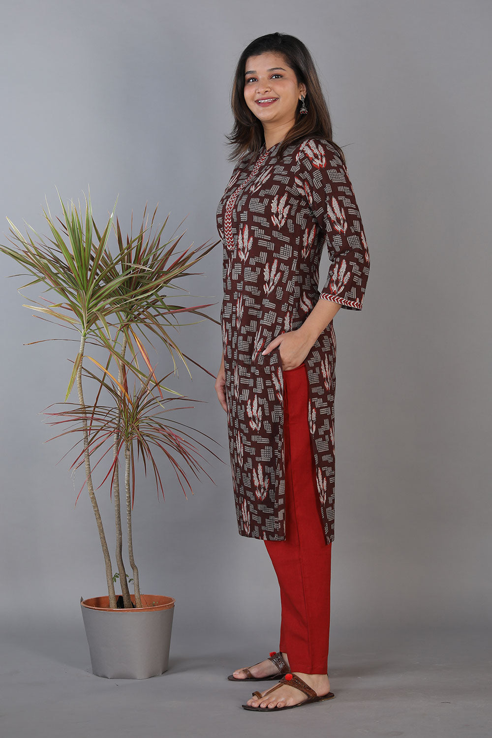 Coffee brown hand block printed cotton straight fit kurti.