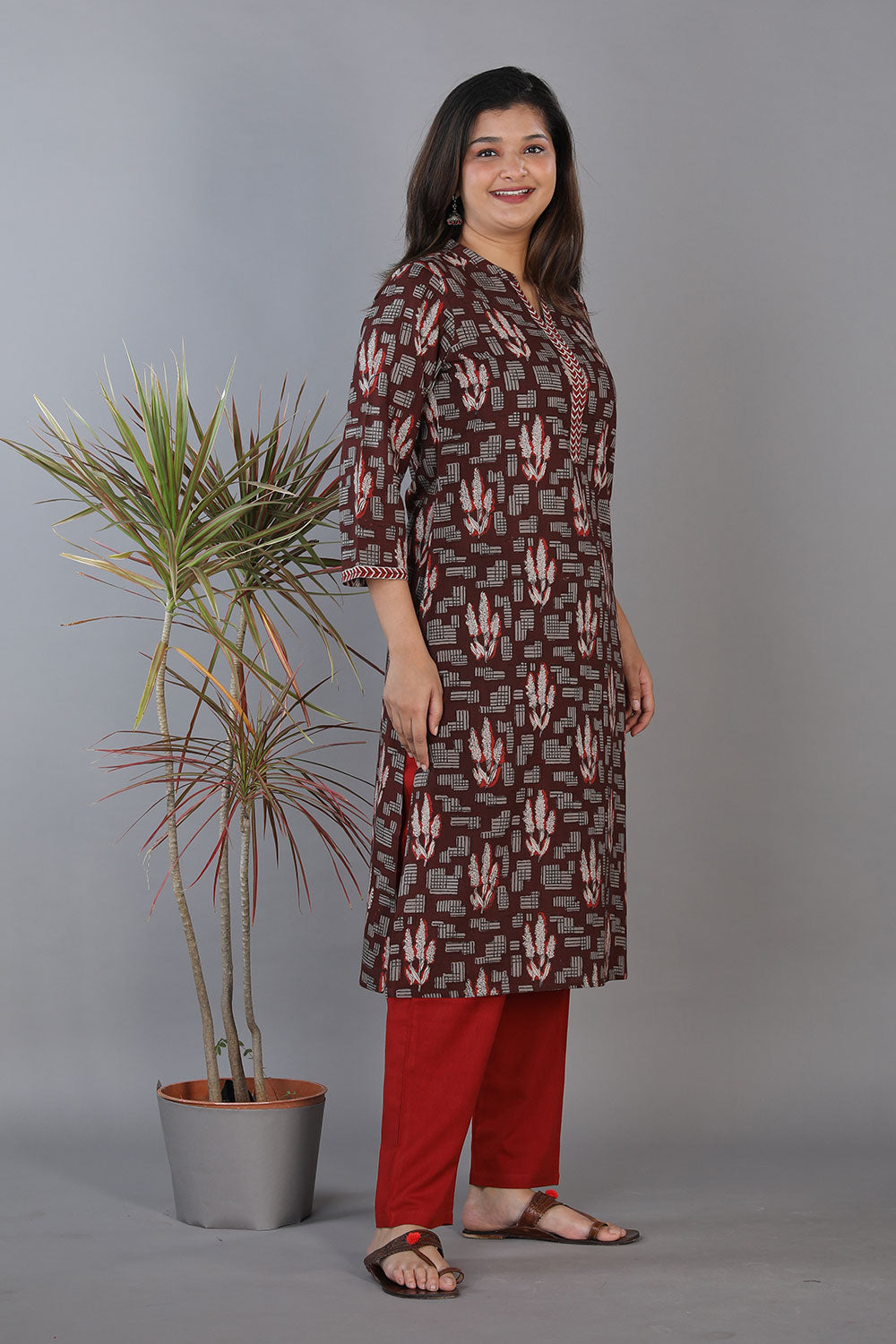 Collection of Coffee brown hand block printed cotton straight fit kurti. in a gallery layout