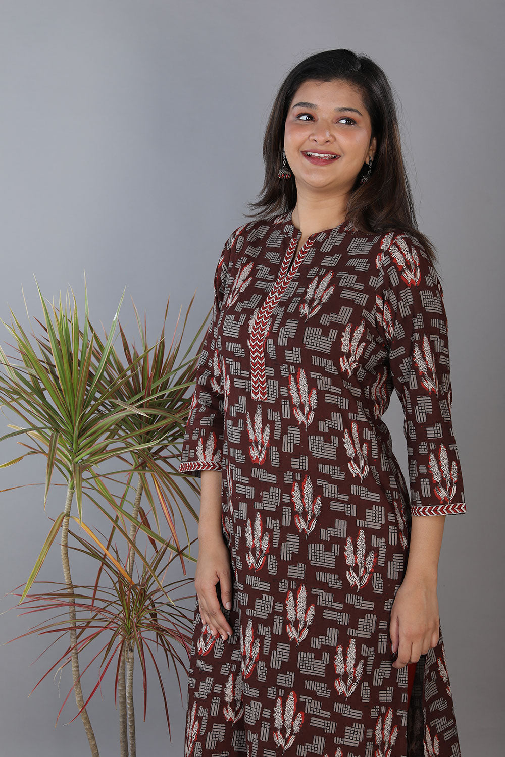 Collection of Coffee brown hand block printed cotton straight fit kurti. in a gallery layout