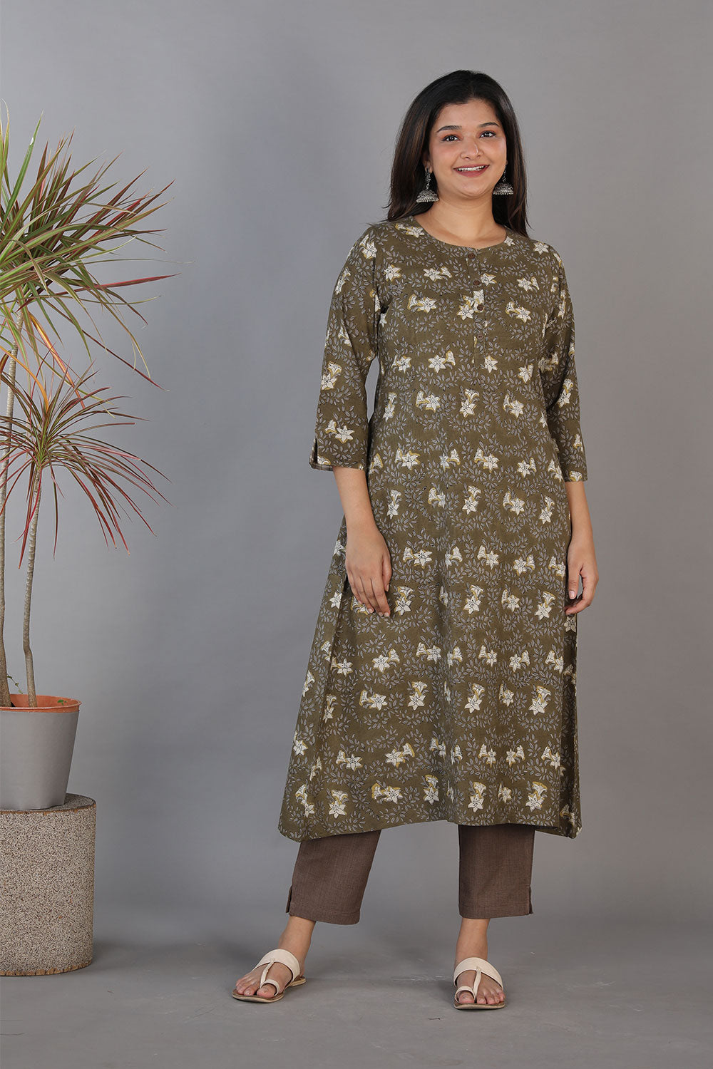 Collection of Fern green and coal grey hand block printed Bagru A-line cotton kurti. in a gallery layout