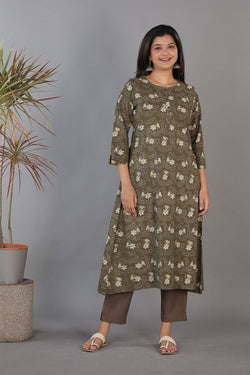 Collection of Fern green and coal grey hand block printed Bagru A-line cotton kurti. in a gallery layout