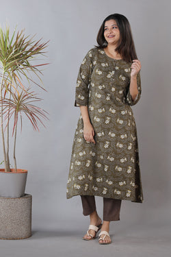 Collection of Fern green and coal grey hand block printed Bagru A-line cotton kurti. in a gallery layout