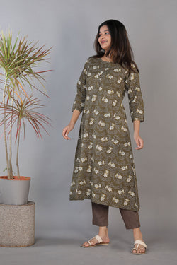 Collection of Fern green and coal grey hand block printed Bagru A-line cotton kurti. in a gallery layout