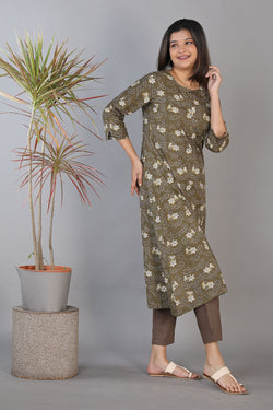 Collection of Fern green and coal grey hand block printed Bagru A-line cotton kurti. in a gallery layout