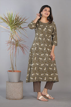 Collection of Fern green and coal grey hand block printed Bagru A-line cotton kurti. in a gallery layout