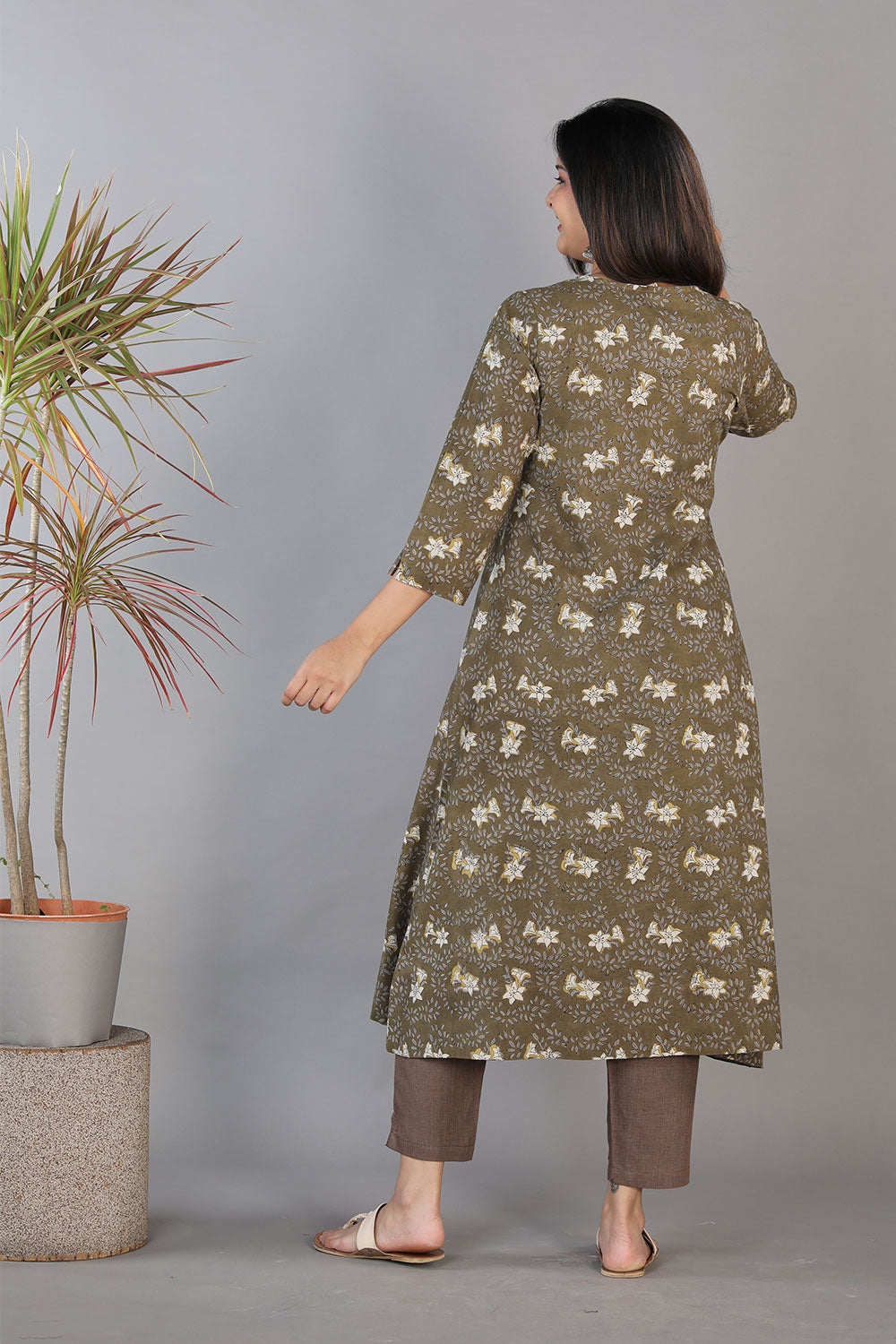 Collection of Fern green and coal grey hand block printed Bagru A-line cotton kurti. in a gallery layout