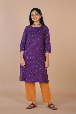 Collection of Striped purple straight fit  Pochampally Ikkat kurti. in a gallery layout