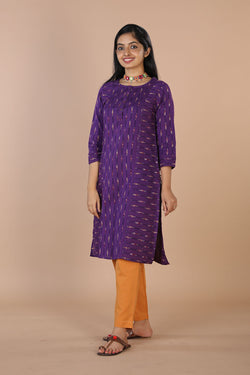 Collection of Striped purple straight fit  Pochampally Ikkat kurti. in a gallery layout