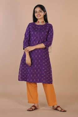 Collection of Striped purple straight fit  Pochampally Ikkat kurti. in a gallery layout