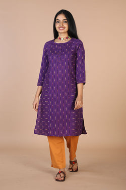 Collection of Striped purple straight fit  Pochampally Ikkat kurti. in a gallery layout