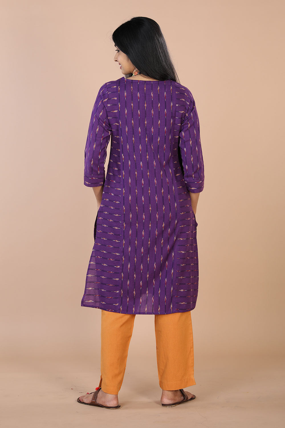 Collection of Striped purple straight fit  Pochampally Ikkat kurti. in a gallery layout