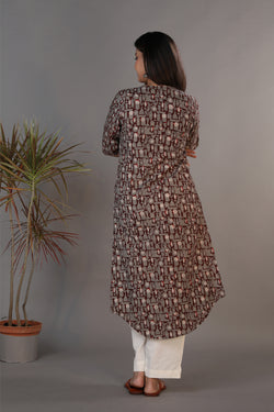 Image of Bagru hand block printed kurti with thread embroidery.