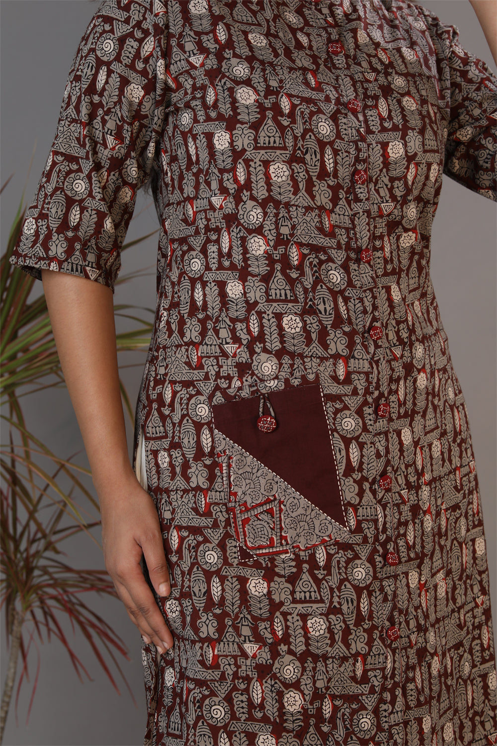 Bagru hand block printed kurti with thread embroidery.