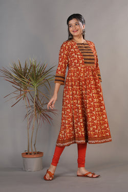 Collection of Maroon handblock printed gathered Bagru kurti. in a gallery layout