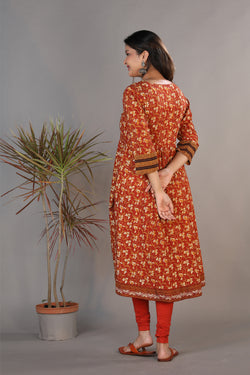 Collection of Maroon handblock printed gathered Bagru kurti. in a gallery layout