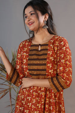 Collection of Maroon handblock printed gathered Bagru kurti. in a gallery layout