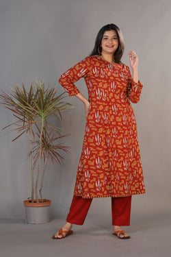 Collection of Bright maroon hand block printed Bagru cotton kurti. in a gallery layout