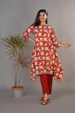 Collection of Bright maroon hand block printed Bagru cotton kurti. in a gallery layout