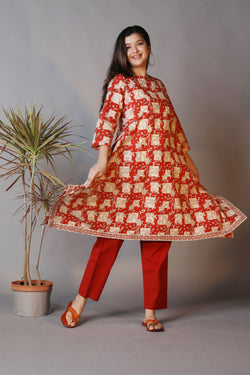 Collection of Bright maroon hand block printed Bagru cotton kurti. in a gallery layout