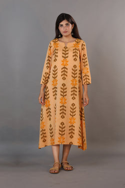 Collection of Honey beige hand woven cotton Ikat kurti in a gallery layout