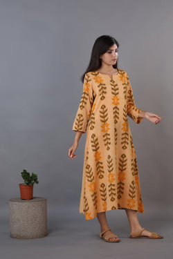 Collection of Honey beige hand woven cotton Ikat kurti in a gallery layout