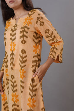 Collection of Honey beige hand woven cotton Ikat kurti in a gallery layout