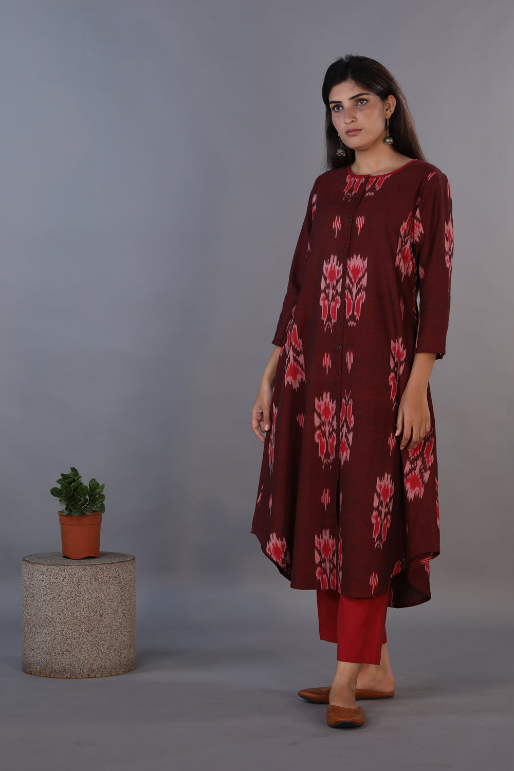 Collection of Mahogany maroon handwoven cotton Ikat long kurta . in a gallery layout