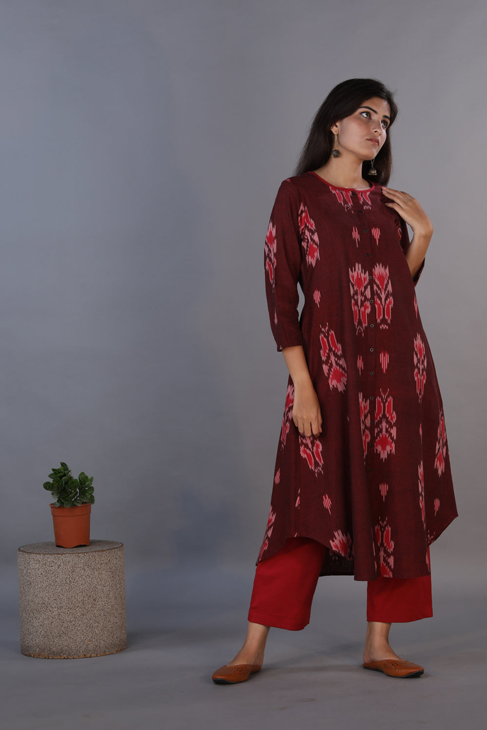 Collection of Mahogany maroon handwoven cotton Ikat long kurta . in a gallery layout