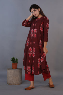 Collection of Mahogany maroon handwoven cotton Ikat long kurta . in a gallery layout