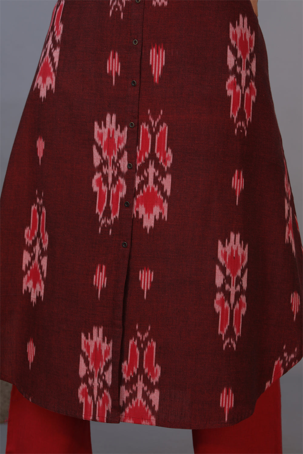 Collection of Mahogany maroon handwoven cotton Ikat long kurta . in a gallery layout