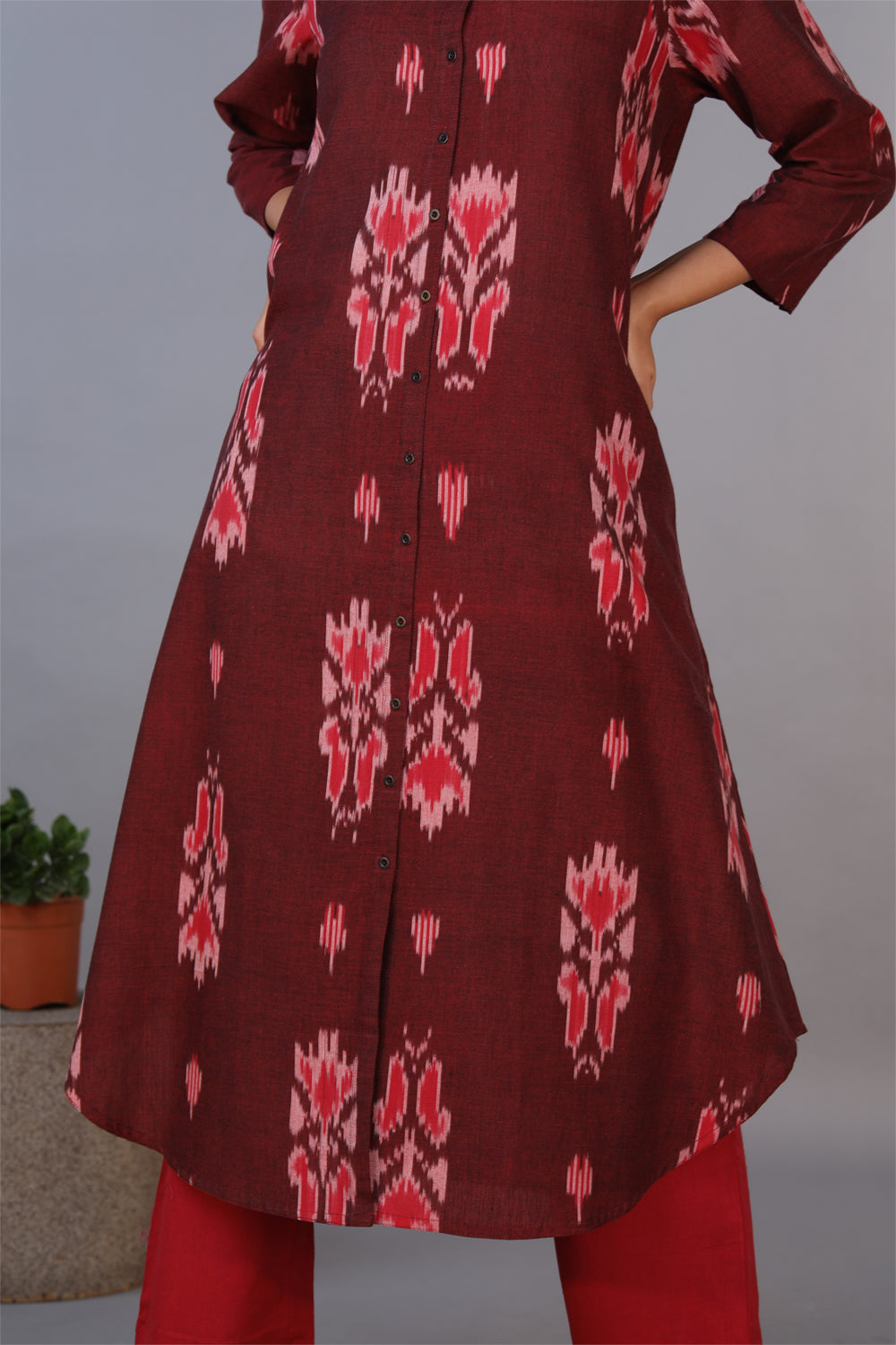 Collection of Mahogany maroon handwoven cotton Ikat long kurta . in a gallery layout