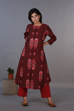 Collection of Mahogany maroon handwoven cotton Ikat long kurta . in a gallery layout