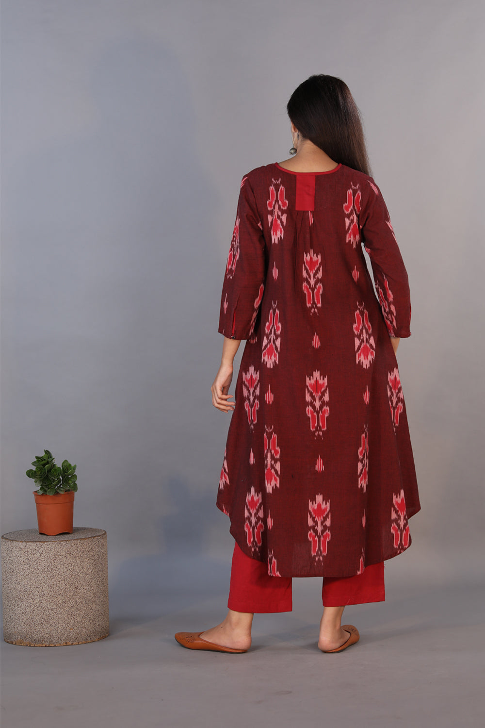 Collection of Mahogany maroon handwoven cotton Ikat long kurta . in a gallery layout