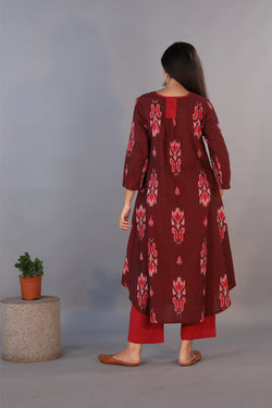 Collection of Mahogany maroon handwoven cotton Ikat long kurta . in a gallery layout